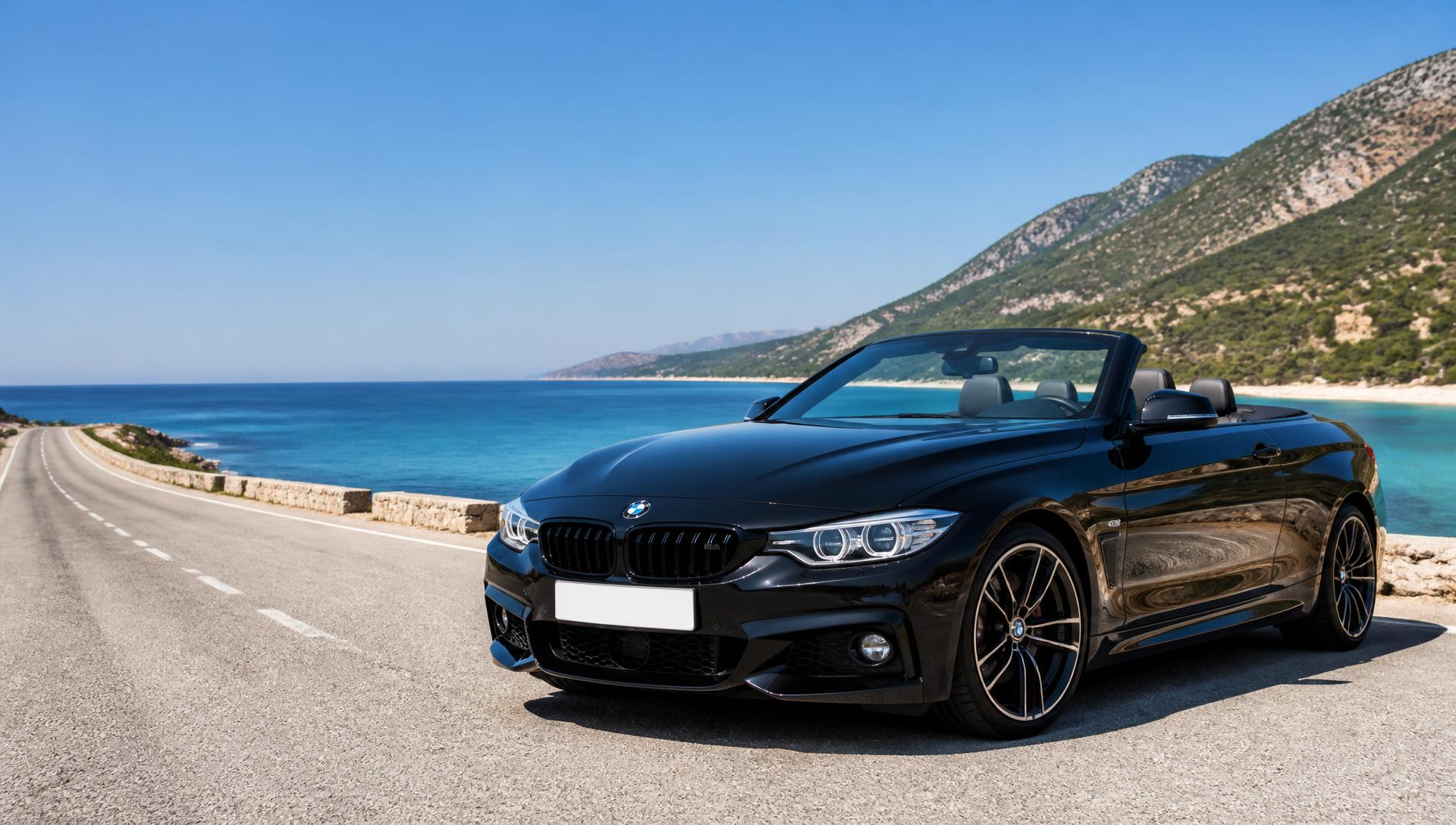 Black BMW 4 Series Cabriolet on a sunlit coastal road on the Albanian Riviera